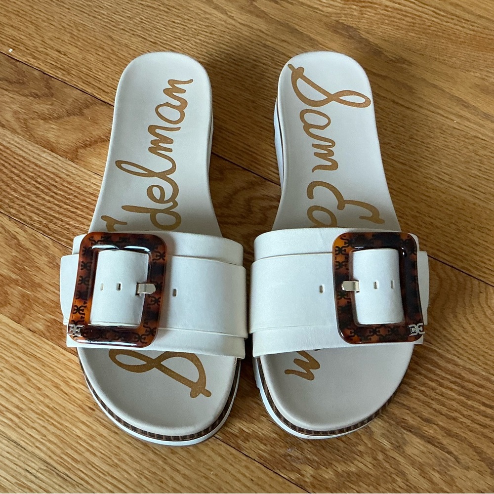 Sam Edelman White Slide Sandals with Tortoiseshell Buckle Accent